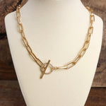 Front Toggle Paved Crystals Paperclip Chain Statement Necklace – Gold or Silver Tone