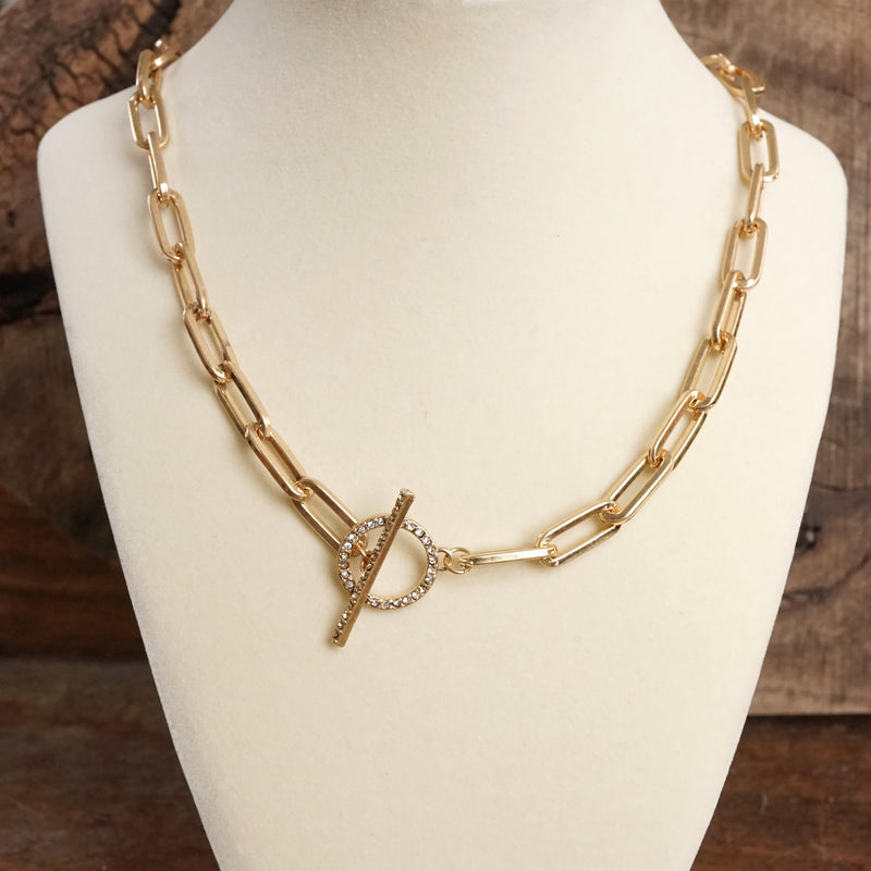 Front Toggle Paved Crystals Paperclip Chain Statement Necklace – Gold or Silver Tone