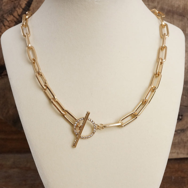 Front Toggle Paved Crystals Paperclip Chain Statement Necklace – Gold or Silver Tone