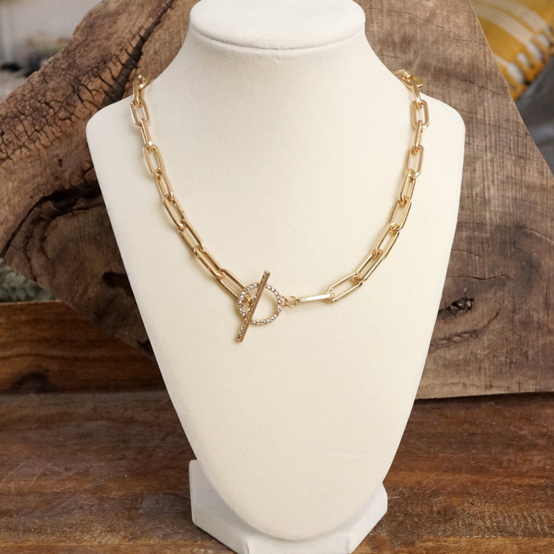 Front Toggle Paved Crystals Paperclip Chain Statement Necklace – Gold or Silver Tone