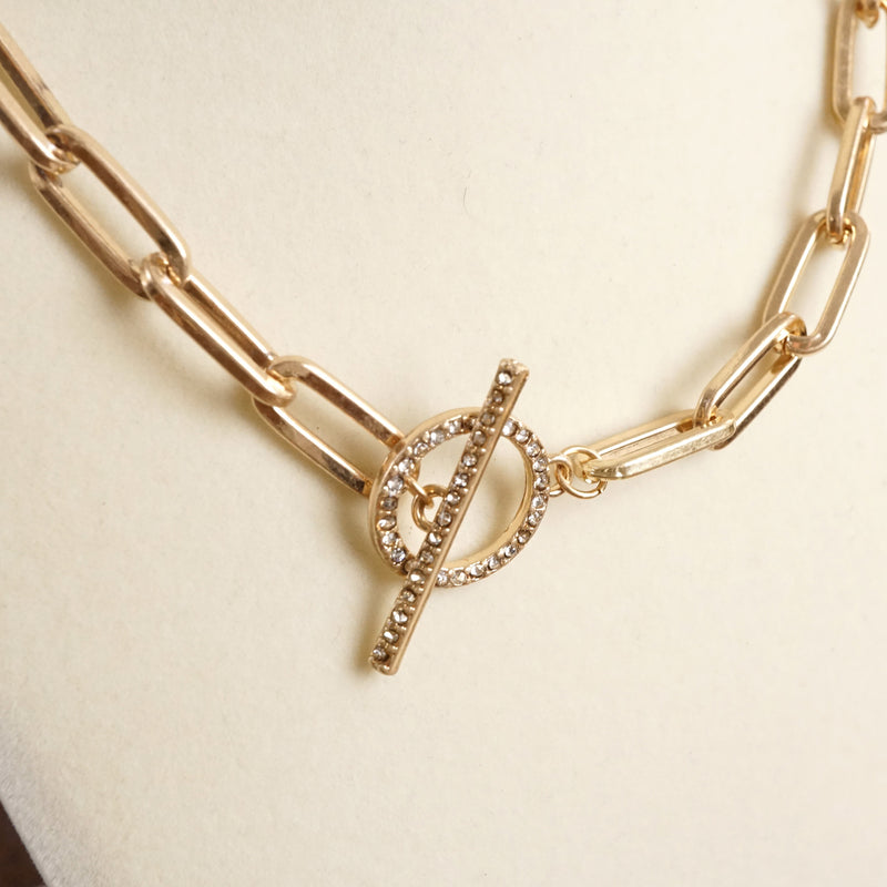 Front Toggle Paved Crystals Paperclip Chain Statement Necklace – Gold or Silver Tone
