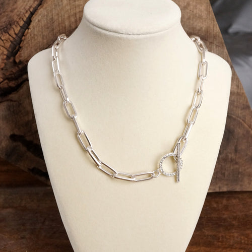 Front Toggle Paved Crystals Paperclip Chain Statement Necklace – Gold or Silver Tone