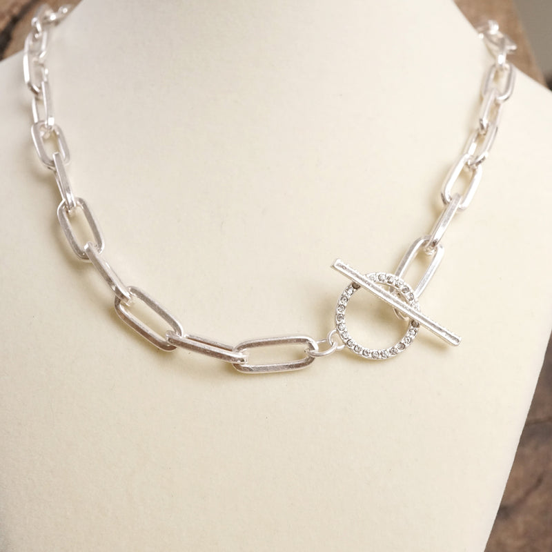 Front Toggle Paved Crystals Paperclip Chain Statement Necklace – Gold or Silver Tone