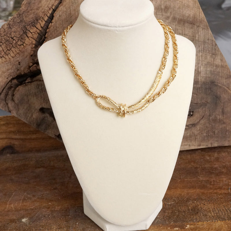 Boho Necklace – Knotted Rope and Chain in Gold Tone
