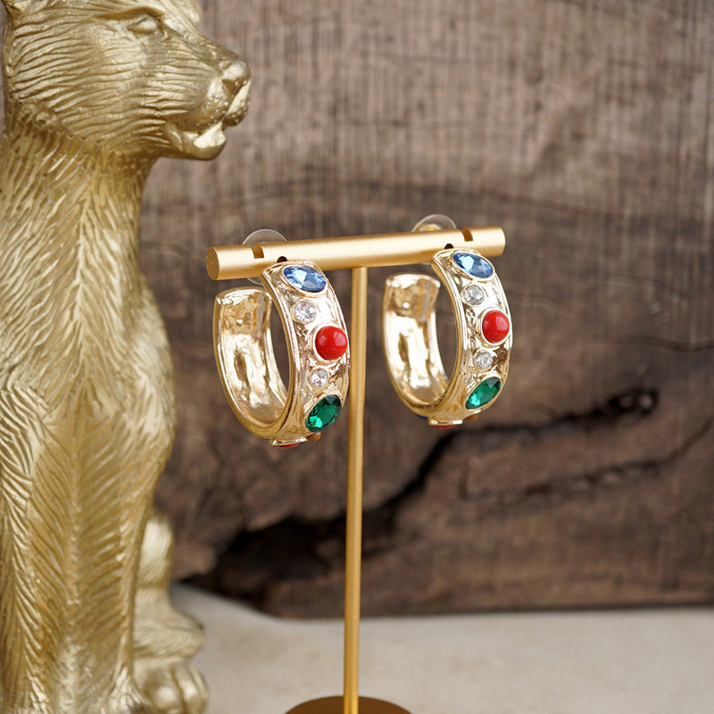 Celestial Glow – Jeweled Hoop Earrings - Blues Browns Greens Reds