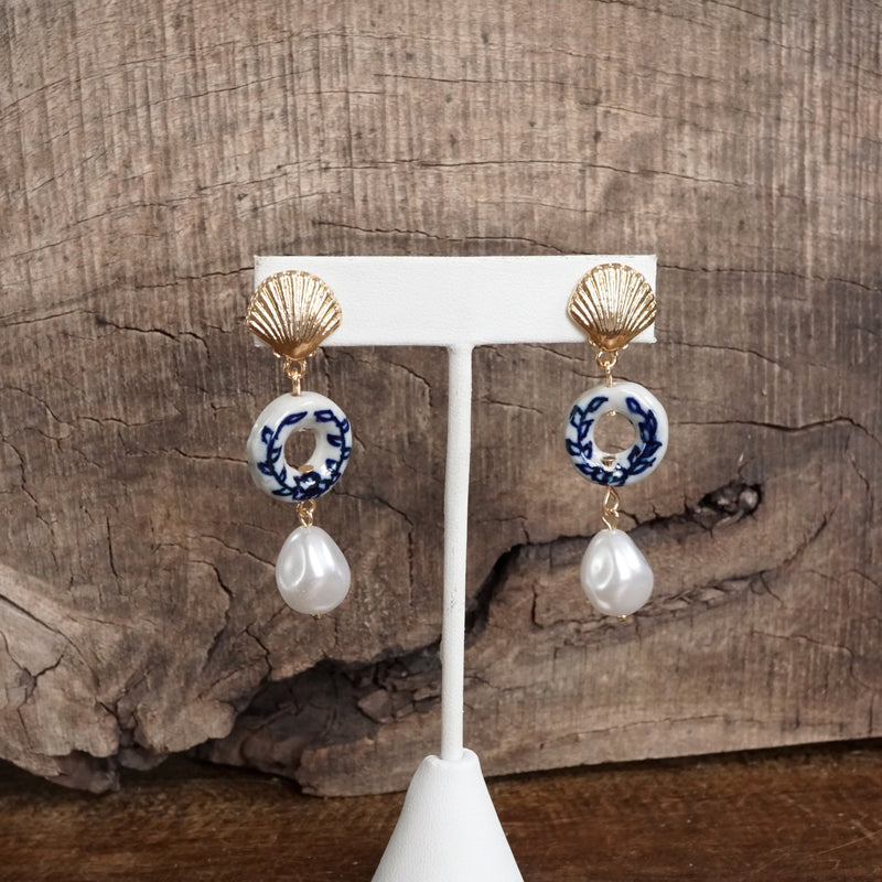 Nautical Chinoiserie & Pearl Drop Earrings – Gold Tone