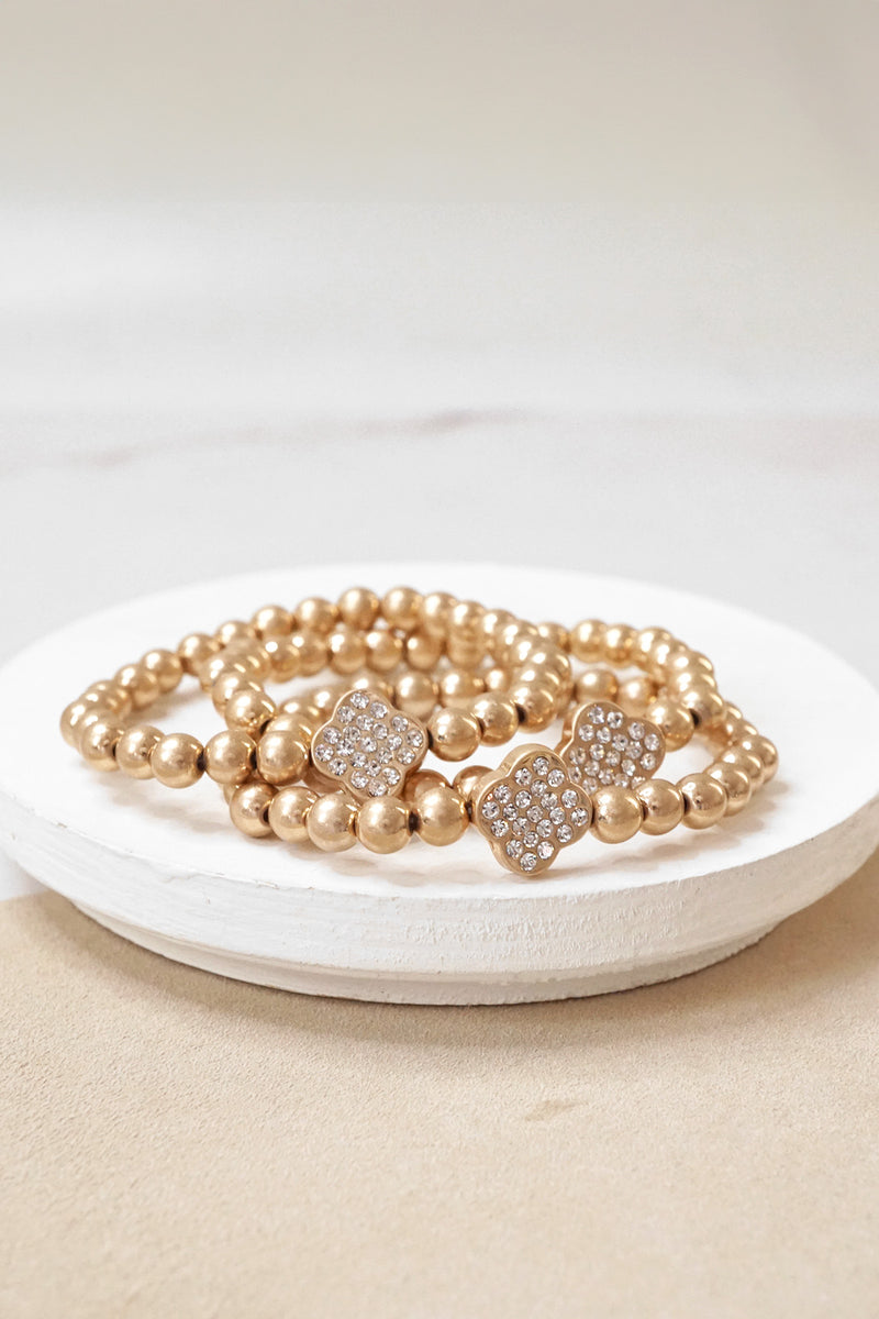 Crystal Quatrefoil Worn Gold tone ball beads bracelet stack of 3 bracelets
