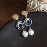Nautical Chinoiserie & Pearl Drop Earrings – Gold Tone