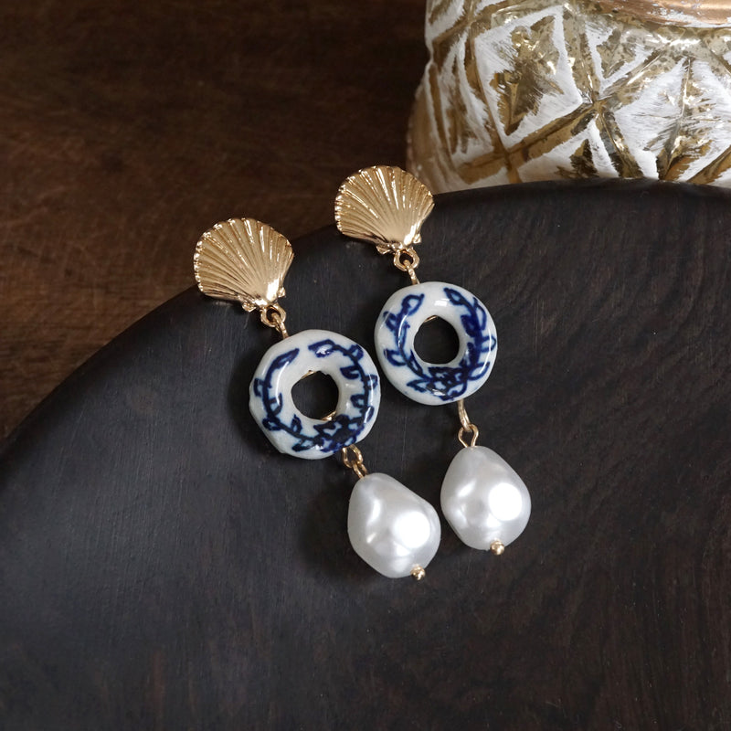 Nautical Chinoiserie & Pearl Drop Earrings – Gold Tone