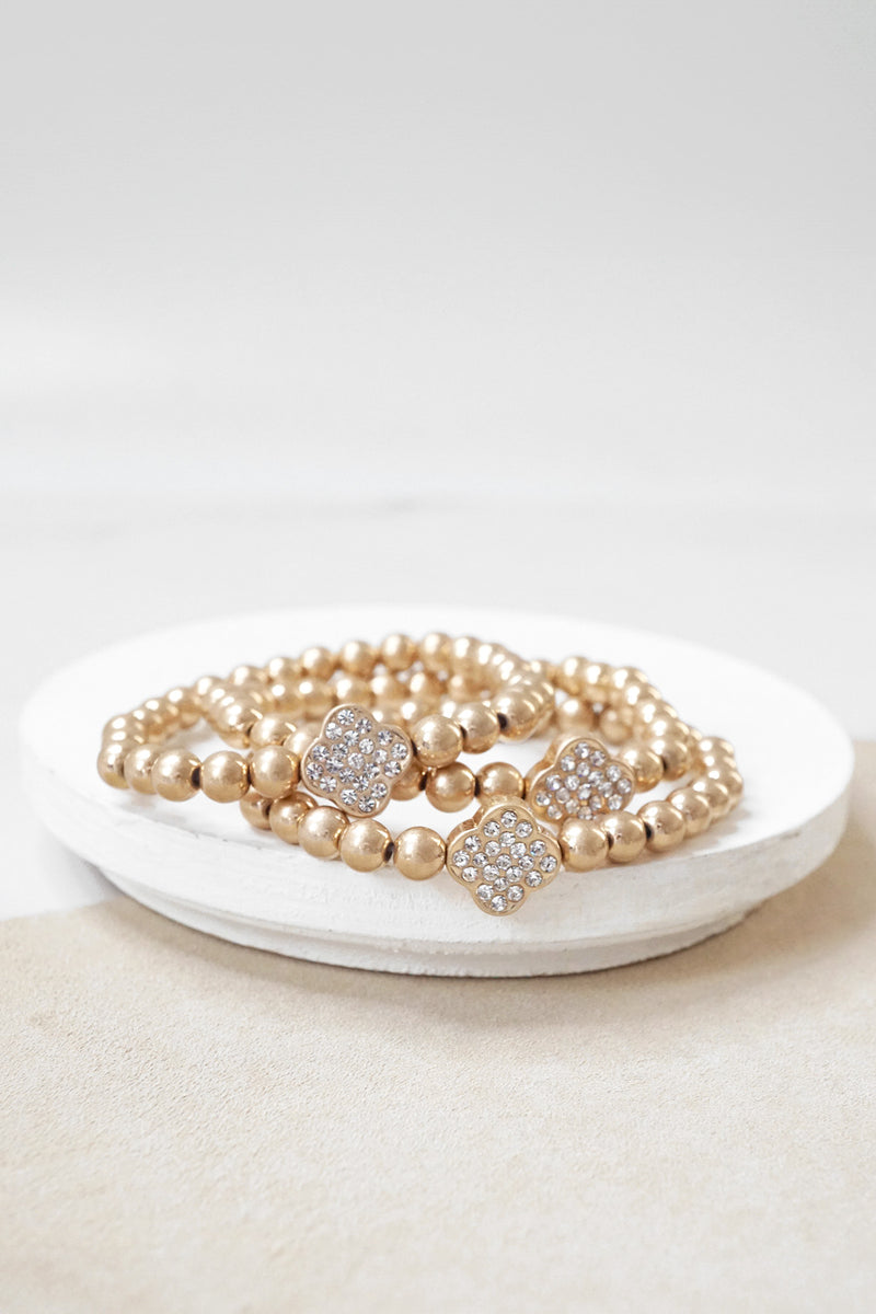 Crystal Quatrefoil Worn Gold tone ball beads bracelet stack of 3 bracelets