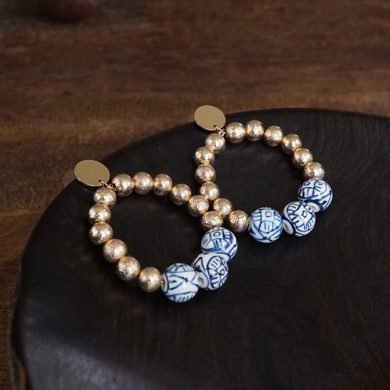Chinoiserie Beaded Hoop Circle Drop Statement Earrings – Gold Tone