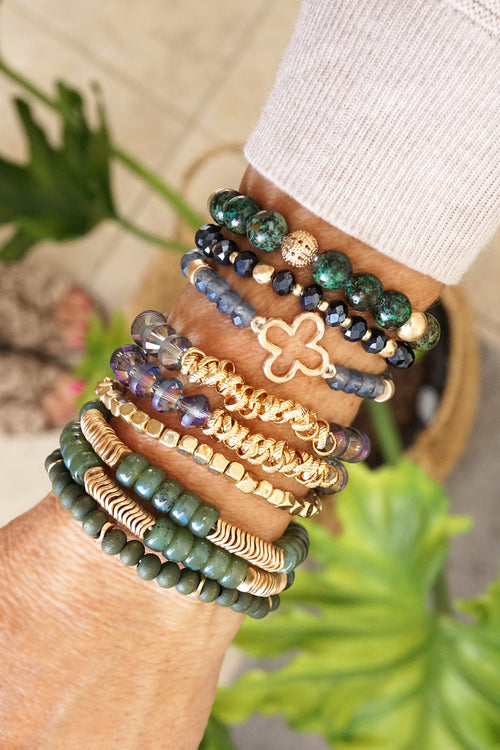 Clover Beaded Bracelet Set Semi Precious Gold tone - Green Grey Black