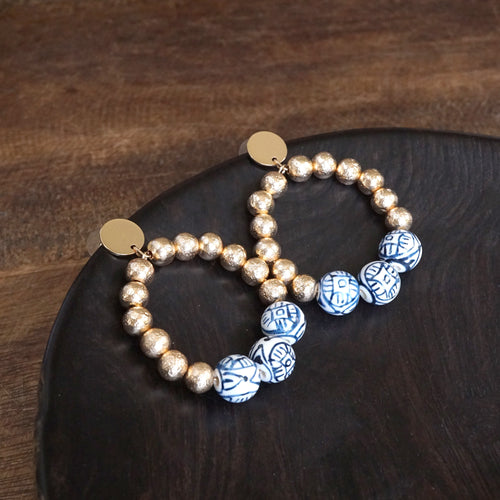 Chinoiserie Beaded Hoop Circle Drop Statement Earrings – Gold Tone