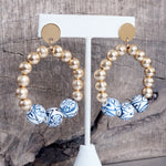 Chinoiserie Beaded Hoop Circle Drop Statement Earrings – Gold Tone