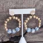 Chinoiserie Beaded Hoop Circle Drop Statement Earrings – Gold Tone