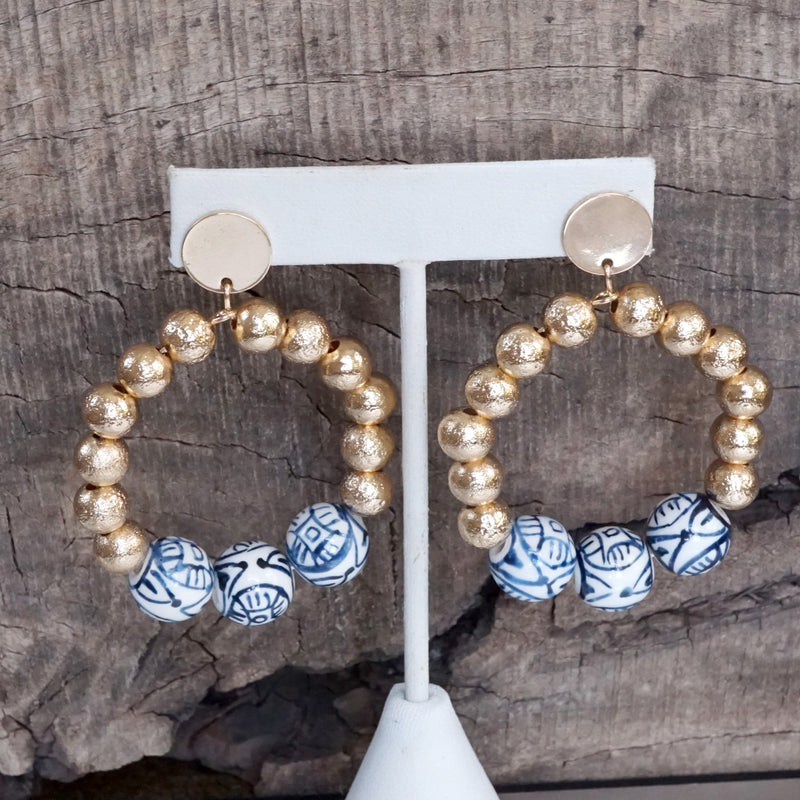 Chinoiserie Beaded Hoop Circle Drop Statement Earrings – Gold Tone