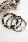 Clover Beaded Bracelet Set Semi Precious Gold tone - Green Grey Black