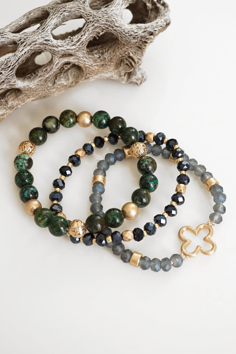 Clover Beaded Bracelet Set Semi Precious Gold tone - Green Grey Black