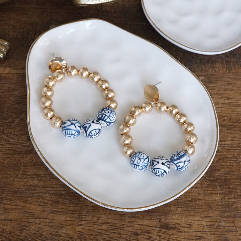 Chinoiserie Beaded Hoop Circle Drop Statement Earrings – Gold Tone