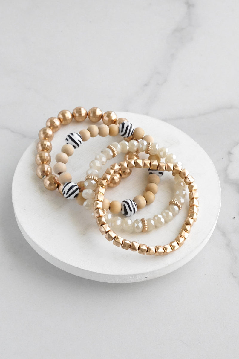 Beaded Bracelets Set of 4 bracelets animal print glass metal wood beads neutrals