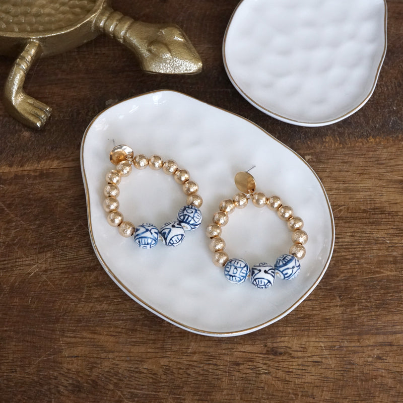 Chinoiserie Beaded Hoop Circle Drop Statement Earrings – Gold Tone