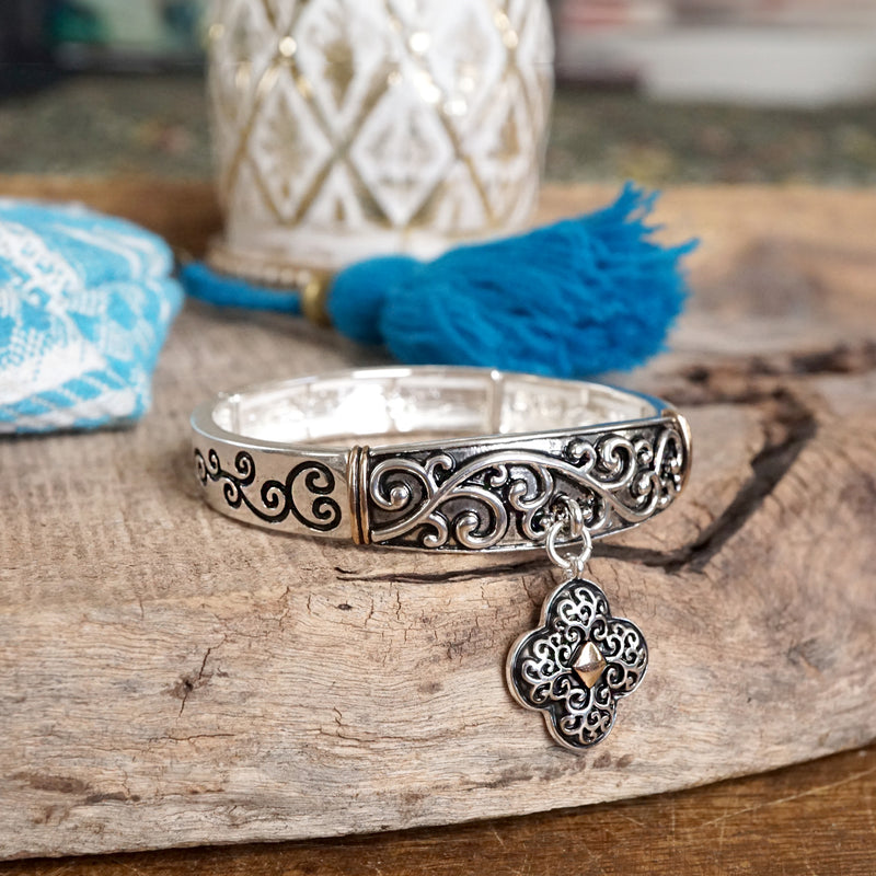 Graceful Whimsy – Classic Filigree Stretchy Bangle with Charm