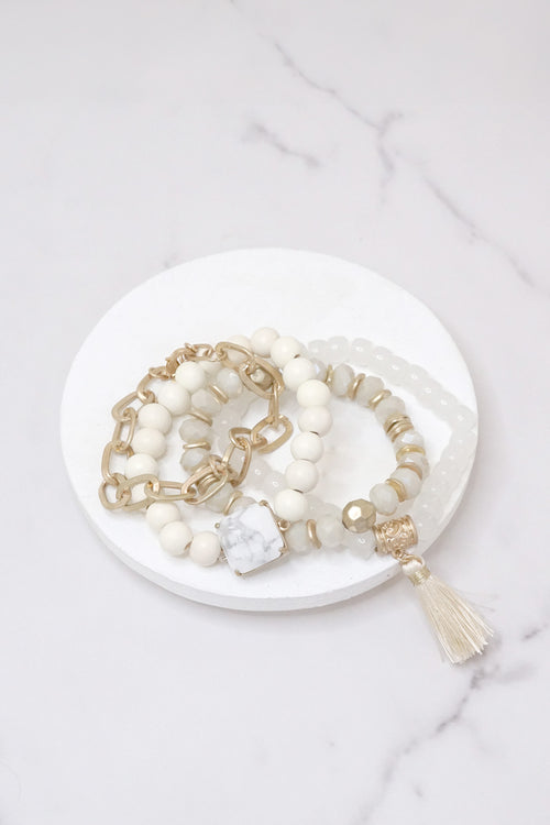 Boho Beads Tassel Bracelets set with Semi Precious stone White