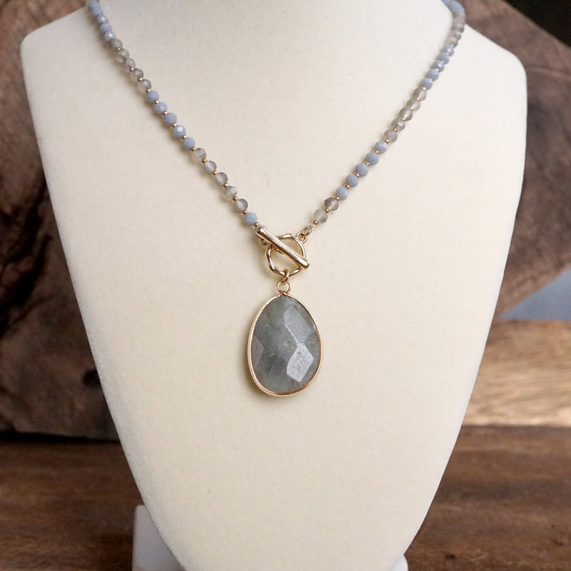 Short Beaded Necklace with Semi-Precious Teardrop Stone Pendant