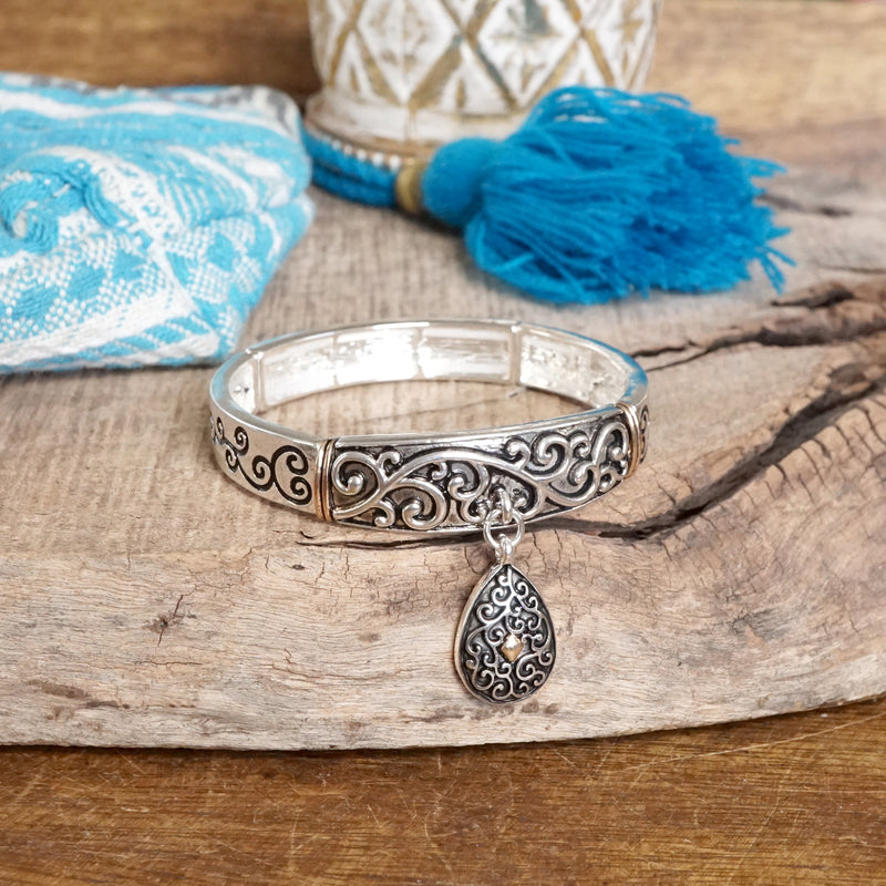 Graceful Whimsy – Classic Filigree Stretchy Bangle with Charm