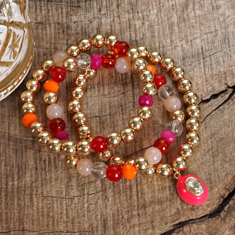 Colorful Beaded Bracelet Set with Oval Charm & Clear Crystal
