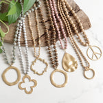Long Wooden Bead Necklace with gold circle ring - Cream