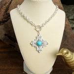 Decorative Cross Necklace Worn Gold or Silver Tone Front Toggle and Turquoise