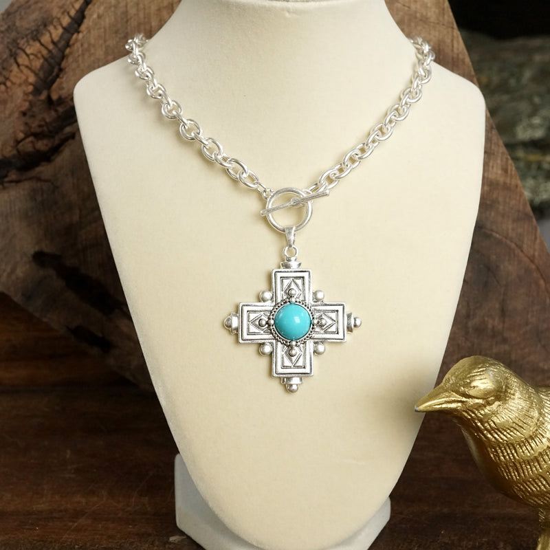 Decorative Cross Necklace Worn Gold or Silver Tone Front Toggle and Turquoise