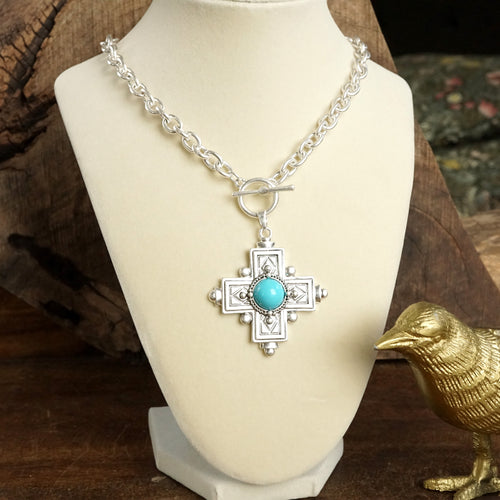 Decorative Cross Necklace Worn Gold or Silver Tone Front Toggle and Turquoise