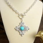 Decorative Cross Necklace Worn Gold or Silver Tone Front Toggle and Turquoise