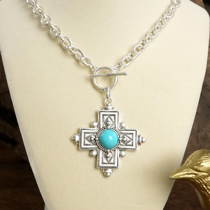 Decorative Cross Necklace Worn Gold or Silver Tone Front Toggle and Turquoise
