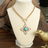 Decorative Cross Necklace Worn Gold or Silver Tone Front Toggle and Turquoise