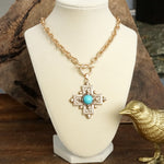 Decorative Cross Necklace Worn Gold or Silver Tone Front Toggle and Turquoise