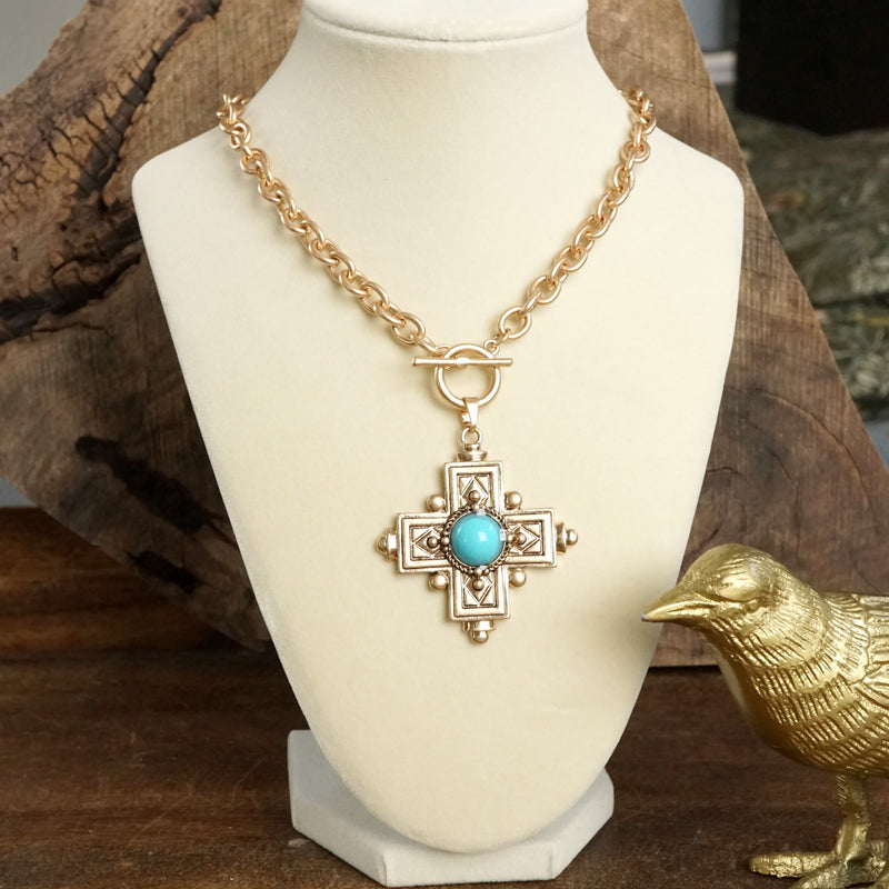 Decorative Cross Necklace Worn Gold or Silver Tone Front Toggle and Turquoise