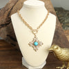 Decorative Cross Necklace Worn Gold or Silver Tone Front Toggle and Turquoise