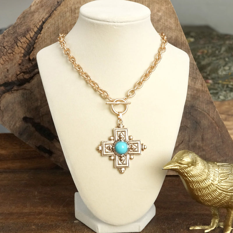 Decorative Cross Necklace Worn Gold or Silver Tone Front Toggle and Turquoise