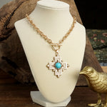Decorative Cross Necklace Worn Gold or Silver Tone Front Toggle and Turquoise