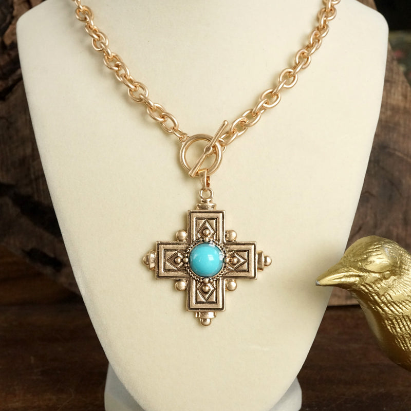 Decorative Cross Necklace Worn Gold or Silver Tone Front Toggle and Turquoise
