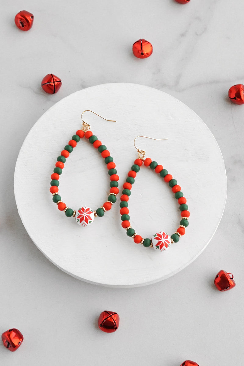 Christmas Red Green and white Wood beads Teardrop Dangle Earrings