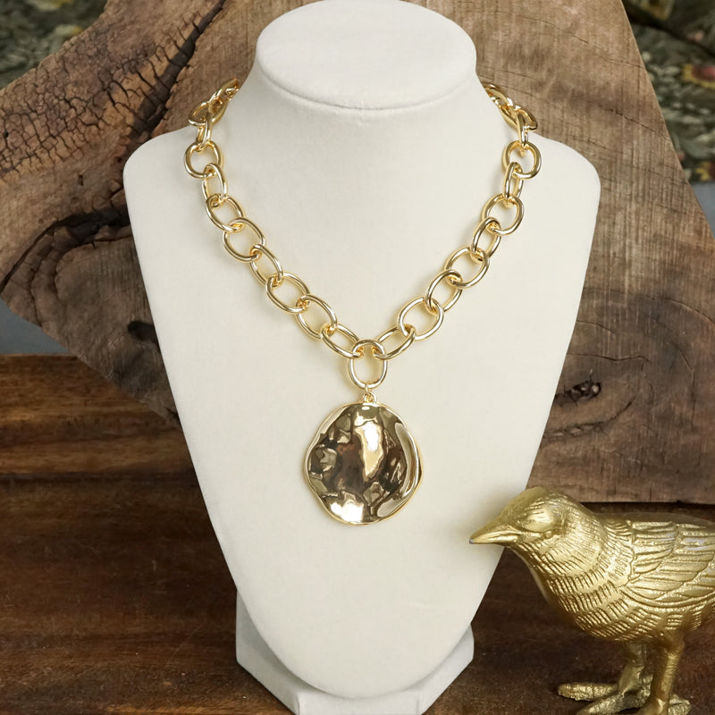 Chunky Chain & Hammered Disc Statement Necklace – Gold or Silver Tone