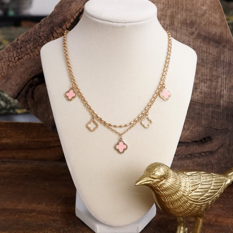 Layered gold tone short Clover necklace pendant Pink White Turquoise Black
