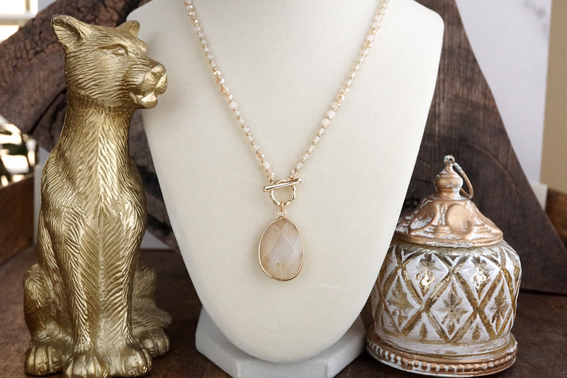 Short Beaded Necklace with Semi-Precious Teardrop Stone Pendant