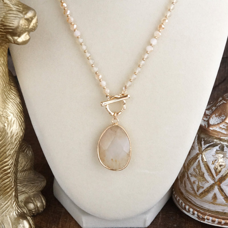 Short Beaded Necklace with Semi-Precious Teardrop Stone Pendant