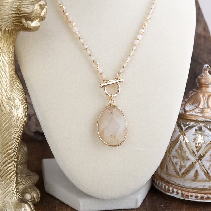 Short Beaded Necklace with Semi-Precious Teardrop Stone Pendant