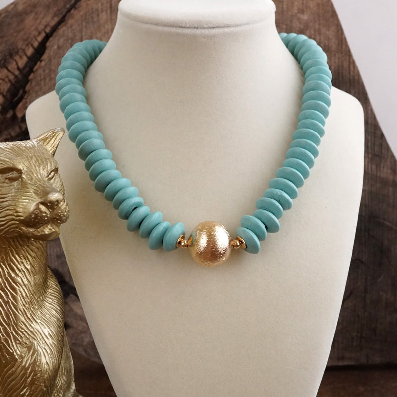 Wood Saucer Beads Short Statement Necklace Gold center Hot Pink Beige Turquoise